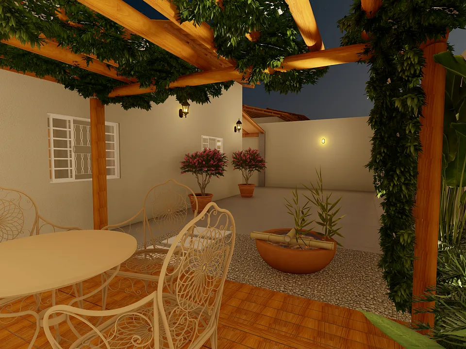Área externa com pergolado de madeira e mesa de jardim