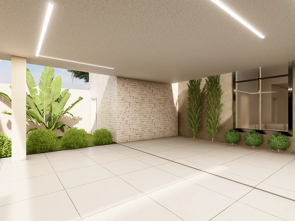Garagem coberta com iluminação linear no forro
