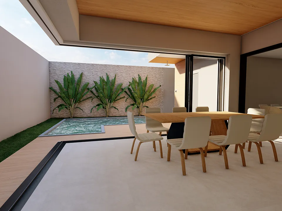 Área gourmet integrada à piscina com mesa de jantar