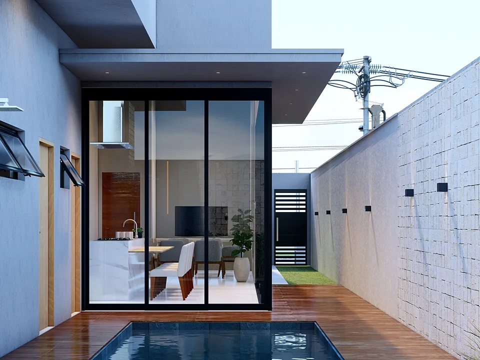 Piscina integrada à sala com portas de vidro